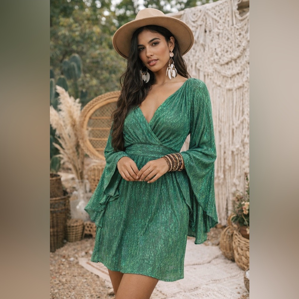 Shimmer Bell Sleeve Green Open Back Dress